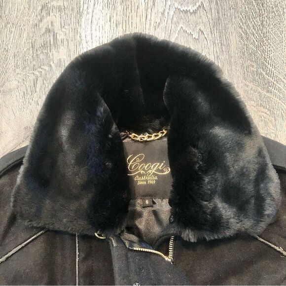 𝅺Coogi Womens Embroidered Wool Blend Varsity Jacket Fur Black Gold Small Vintage - Picture 5 of 7